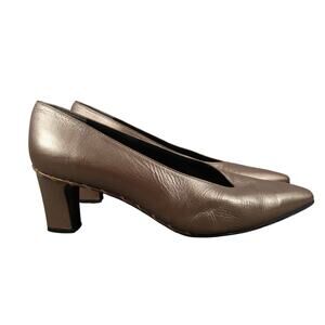 Stuart Weitzman Shoes Womens 8.5 Pump Classic Retro Leather Metallic Chunky Heel